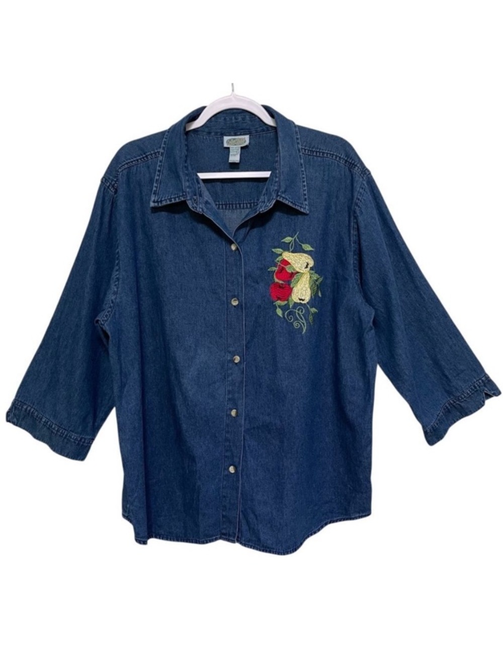 Collections ETC Embroidered Blue Denim Button Up Shirt 100% Cotton Women XL